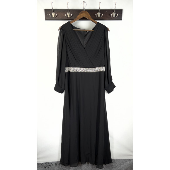 Women's Black Evening Gown Chiffon Beading Sheer Ethereal Luxe Dress Size 18 - Picture 5 of 8